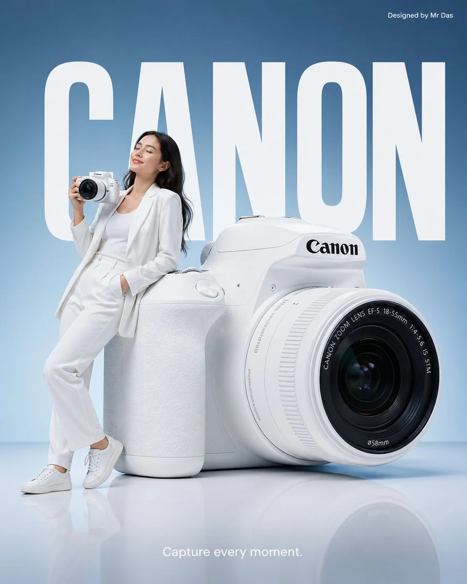 Young woman leans against giant white camera in minimalist ad