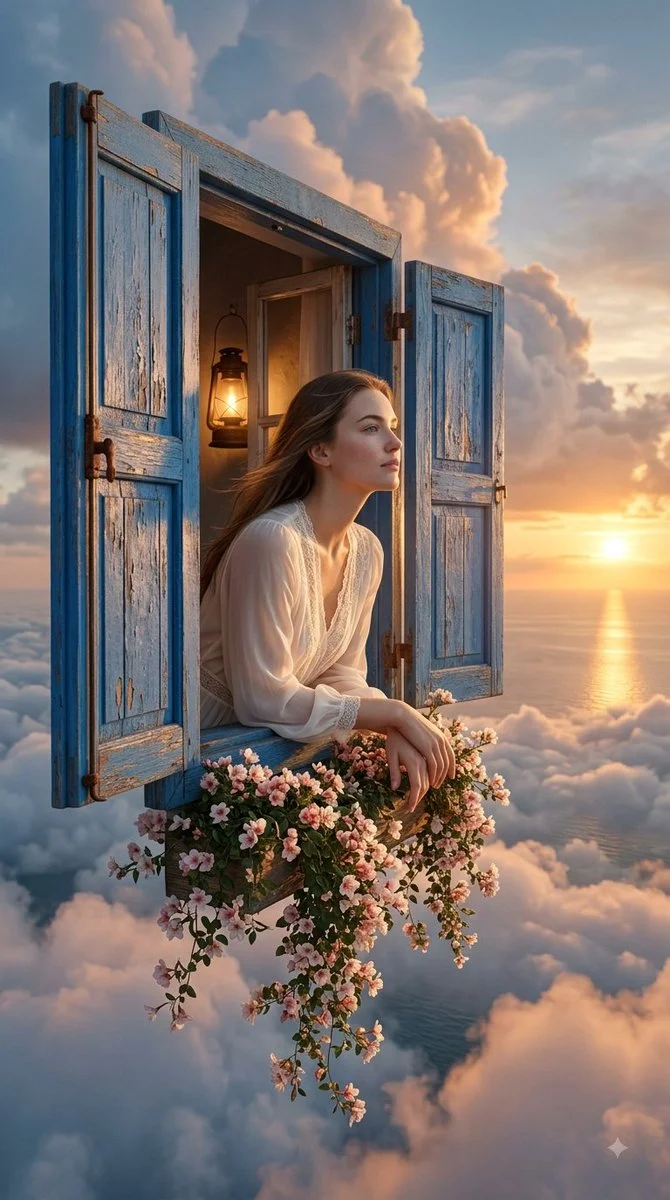 Young woman leans from floating window above sunset sea
