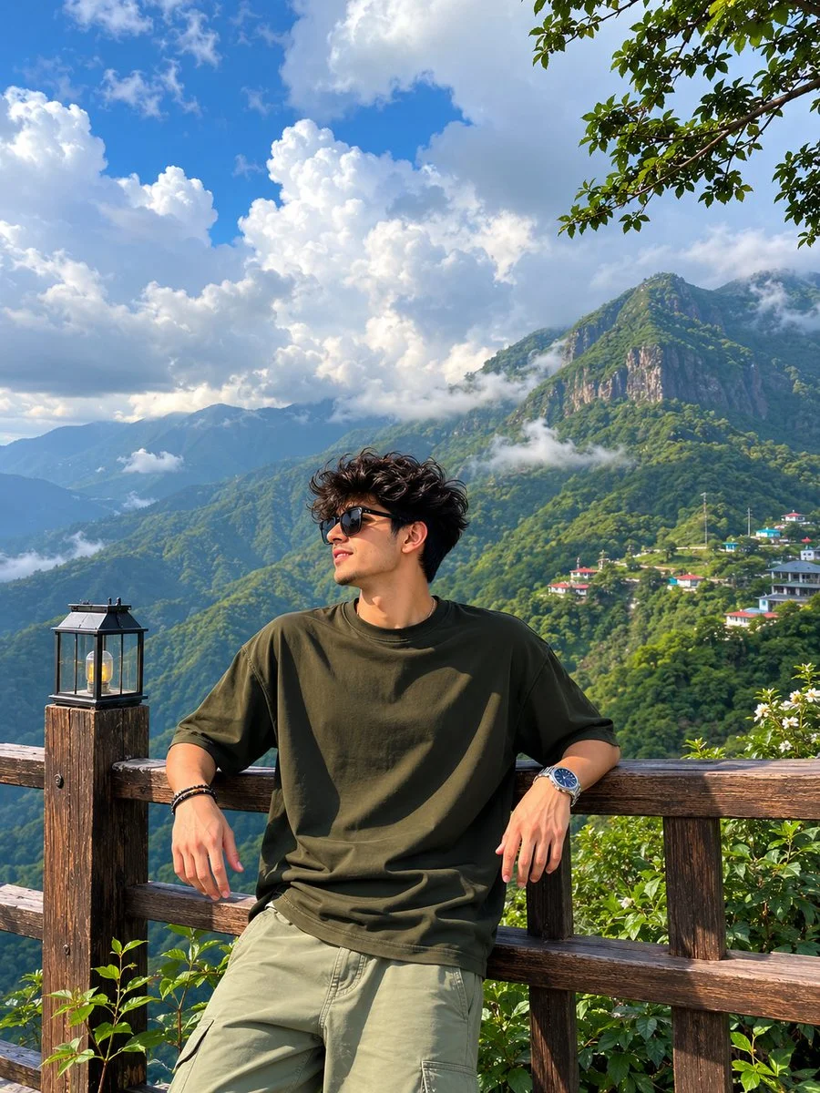 Young woman leans on railing overlooking emerald valleys under golden sun rays