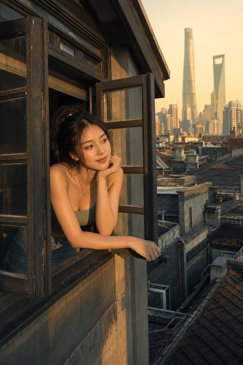 Young woman leans on tiger dormer window at golden hour