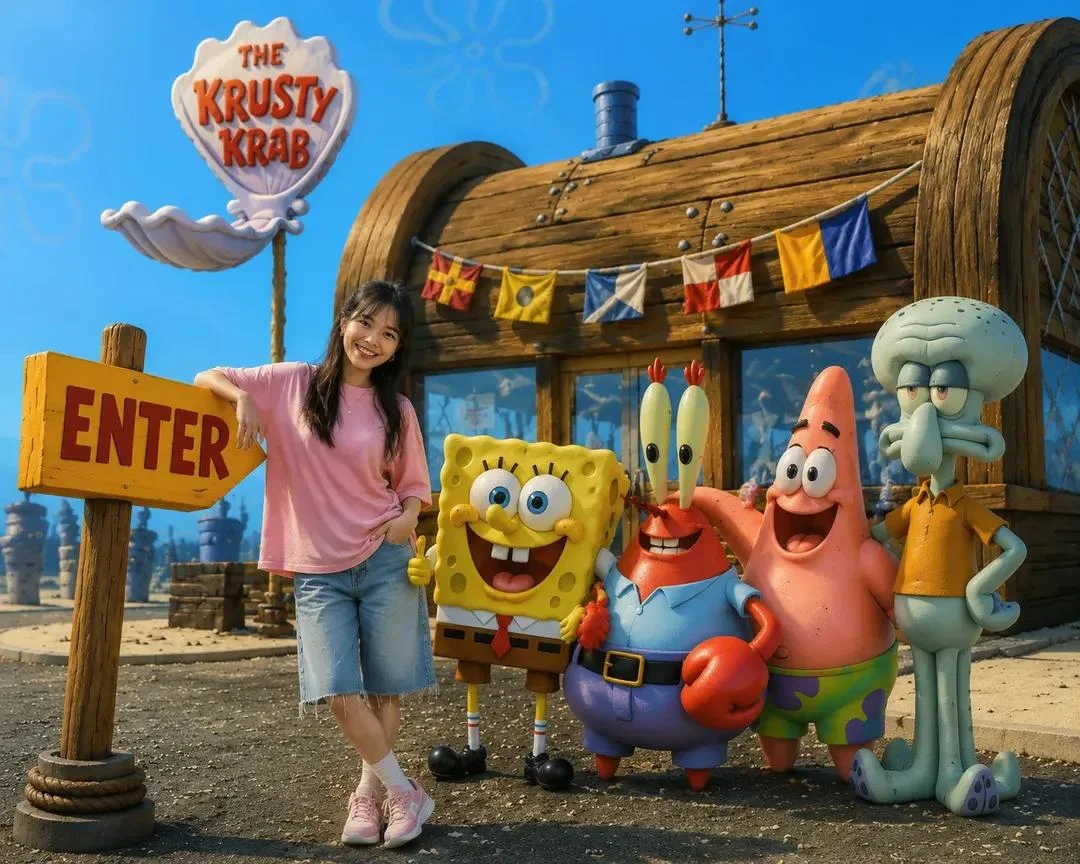 Young woman leans on wooden arrow sign with SpongeBob characters