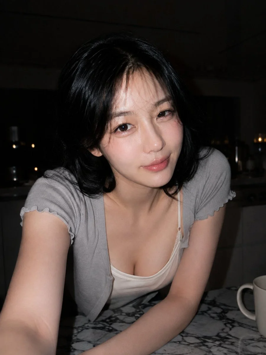 Young woman leans over kitchen island in warm CCD flash