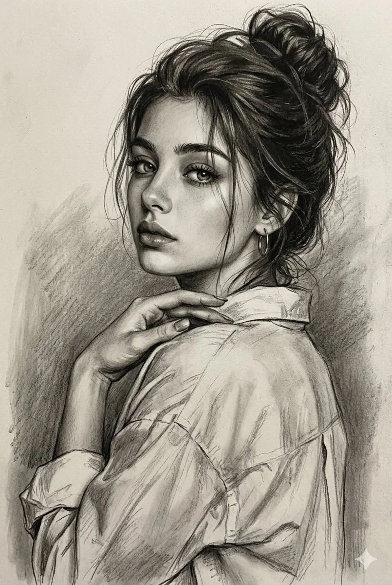 Young woman looks over shoulder with serene expression in graphite