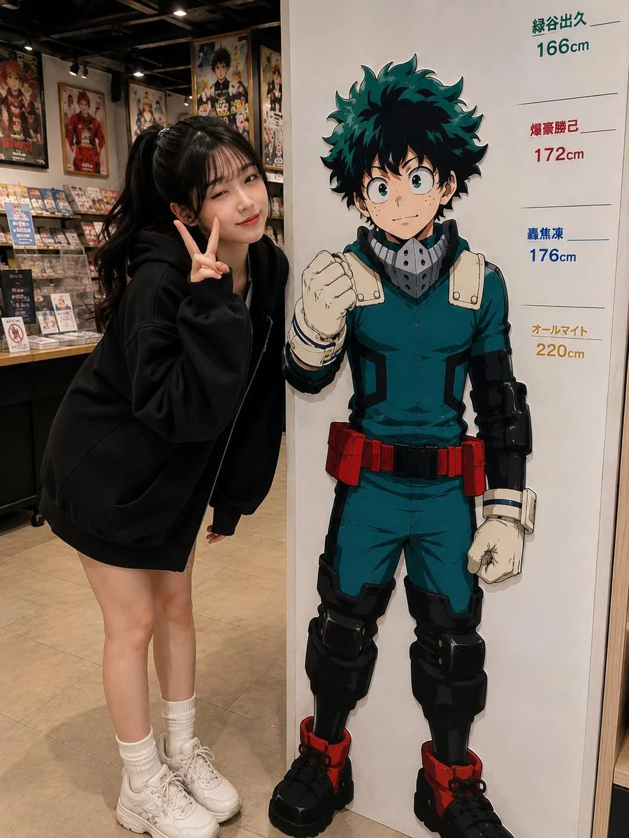 Young woman points at anime hero standee in themed café