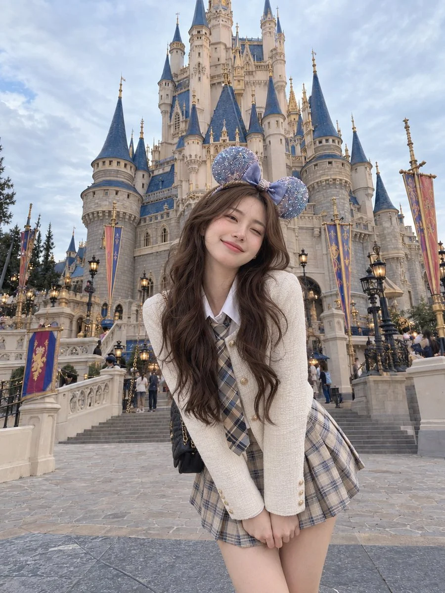 Young woman poses excitedly before grand fairytale castle in candid travel photo