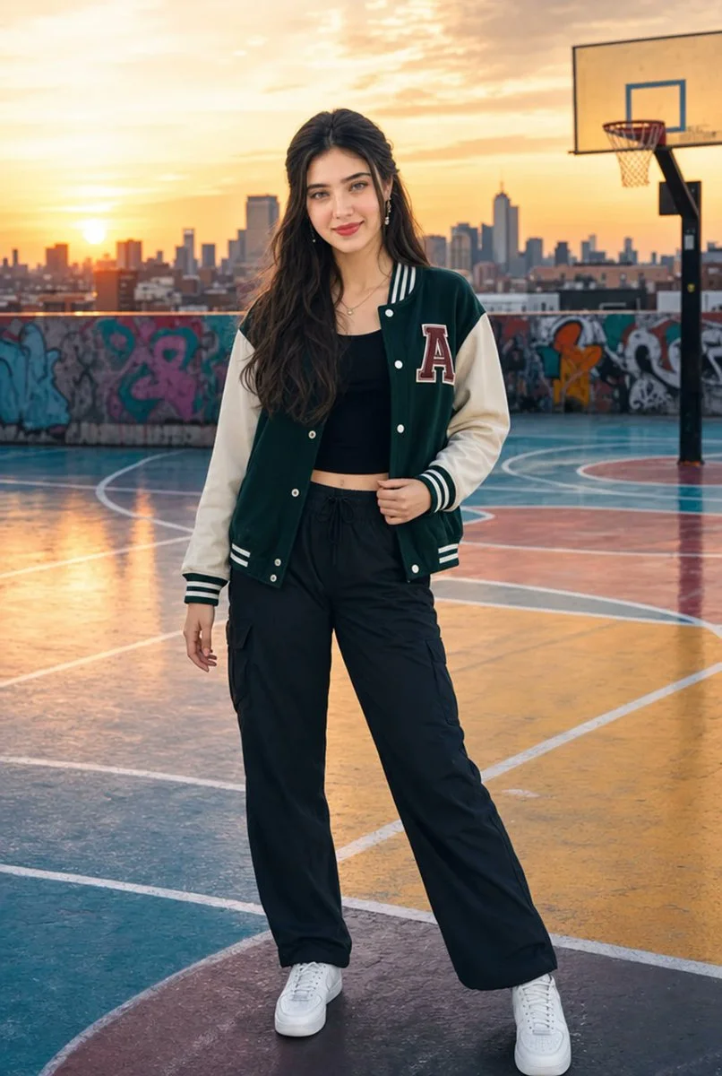 Young woman poses gracefully on rooftop basketball court at sunset.