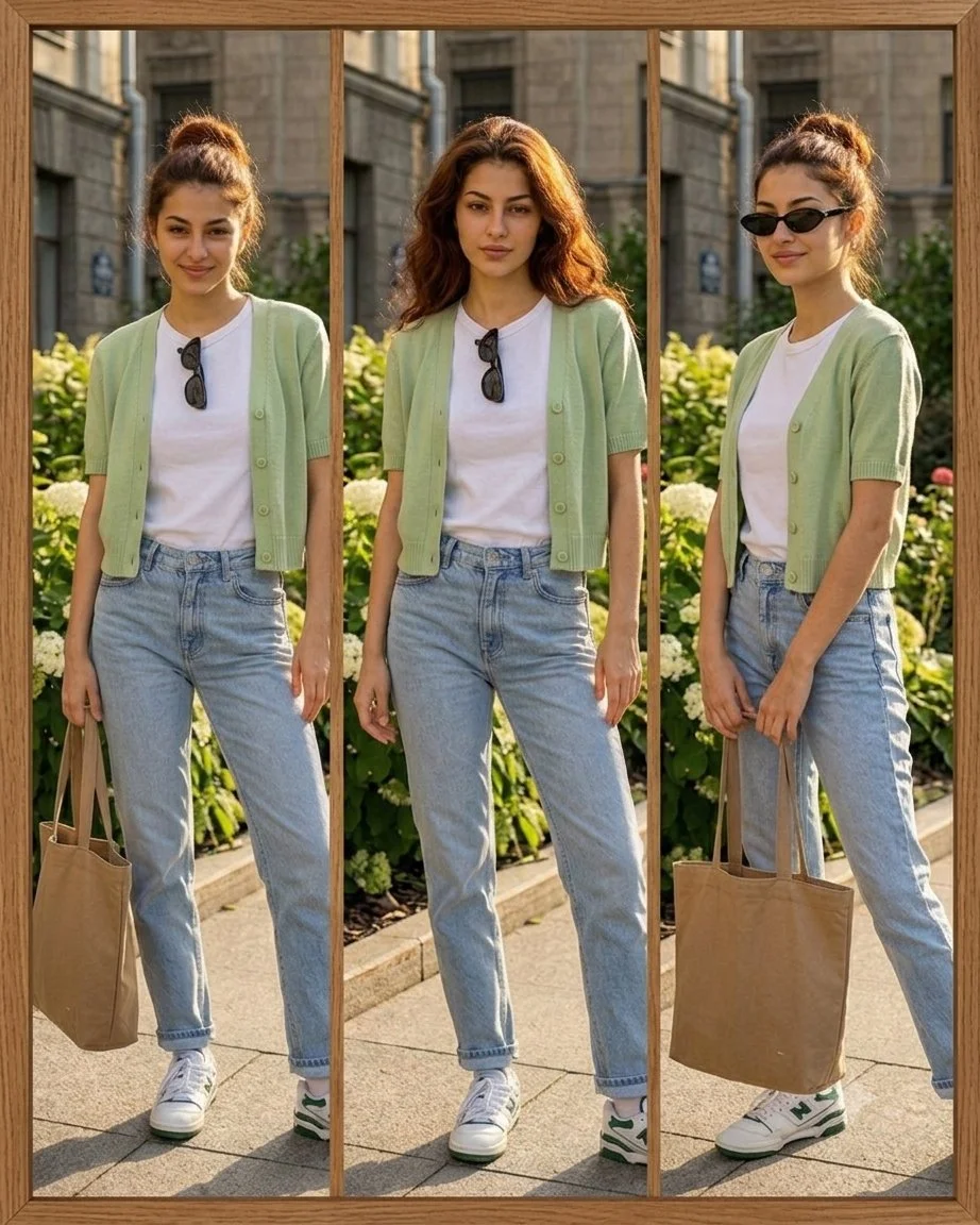 Young woman poses in three casual outfits on a sunny walkway