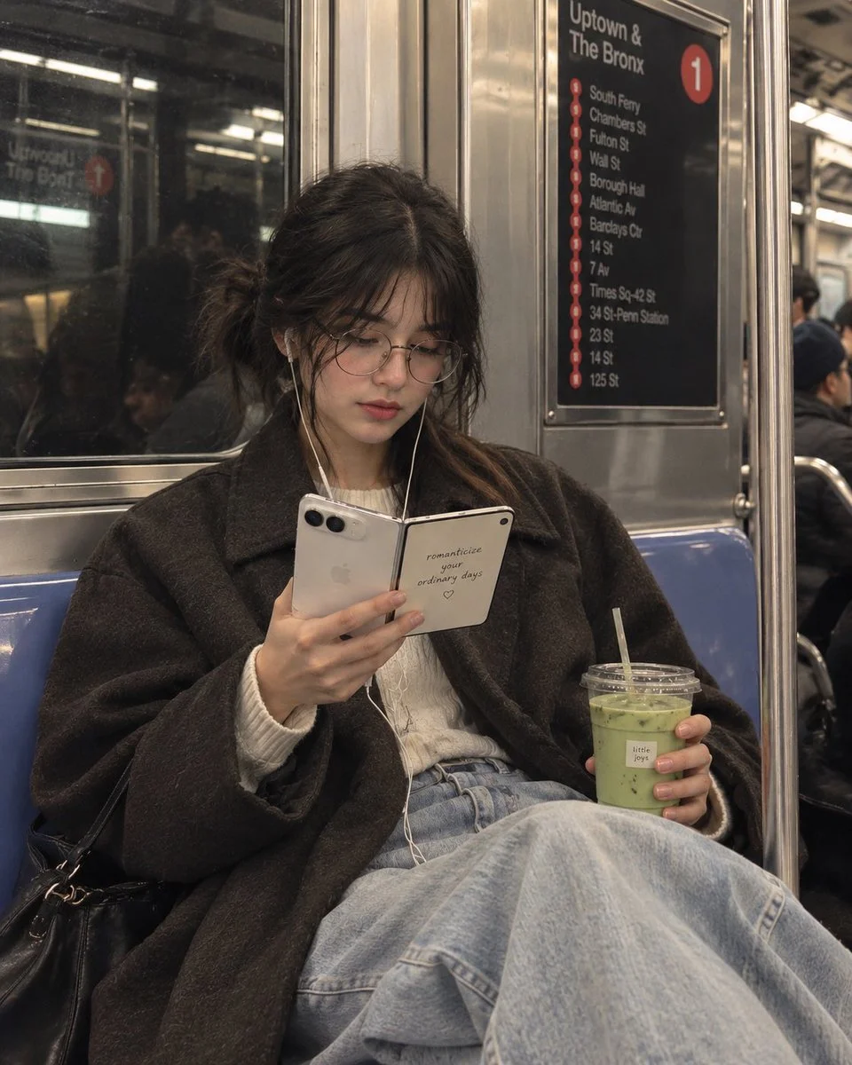 Young woman reading handwritten quote on foldable phone in NYC subway