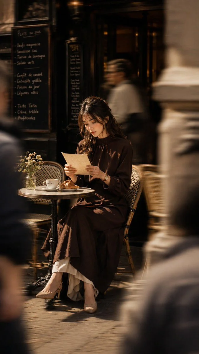 Young woman reads menu at Parisian sidewalk café in golden light