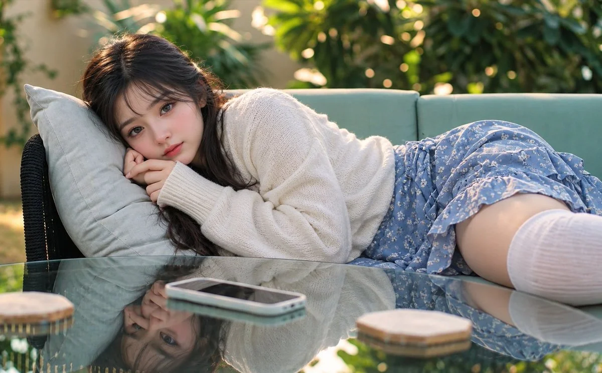 Young woman reclines on turquoise sofa in sunlit garden, calm gaze