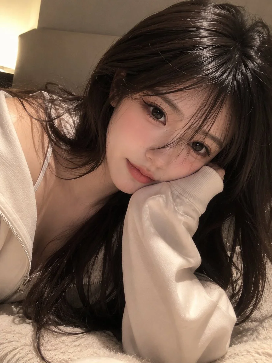 Young woman rests her cheek in a cozy cream hoodie sleeve