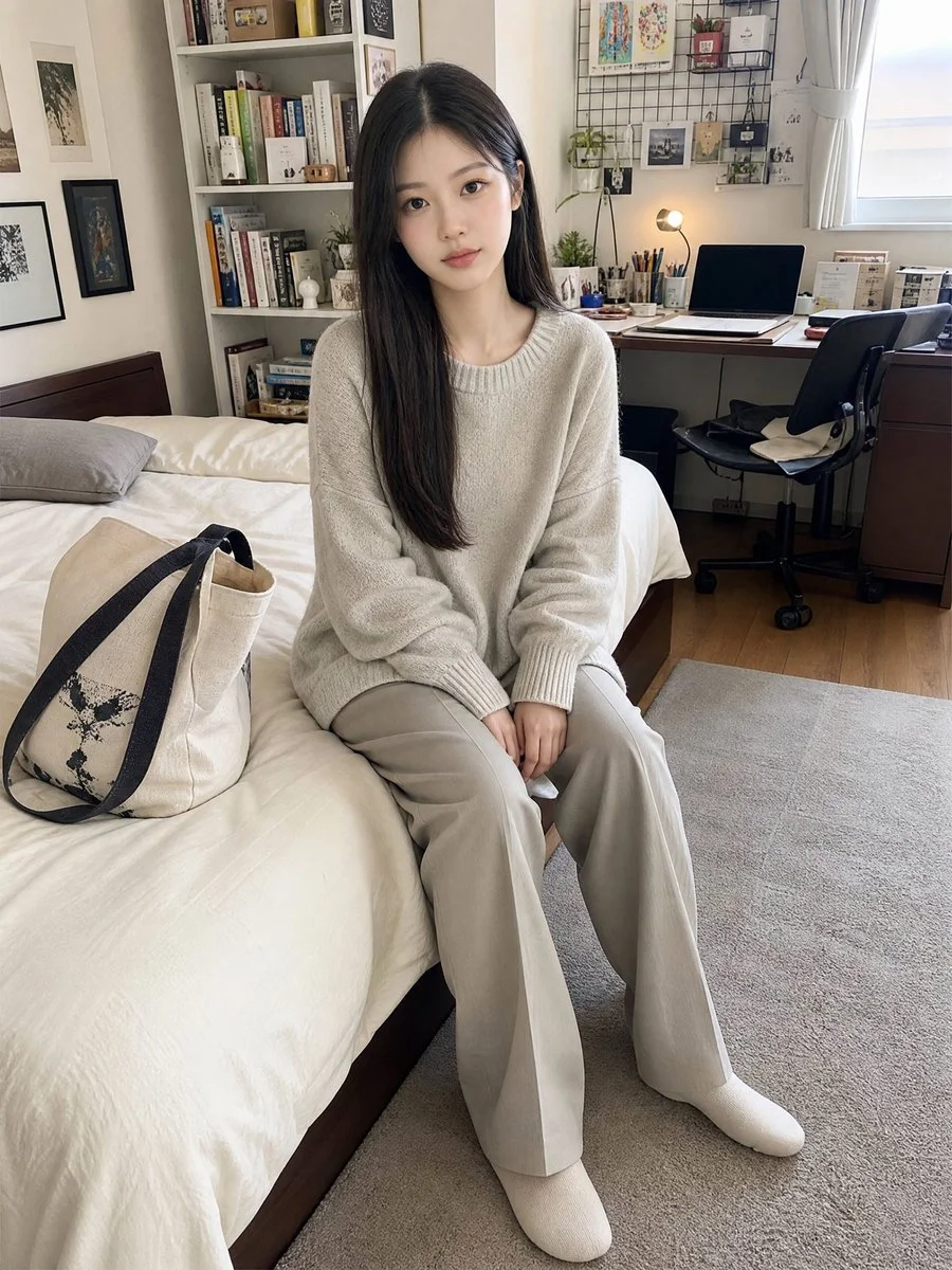 Young woman rests on bed in cozy Japanese apartment