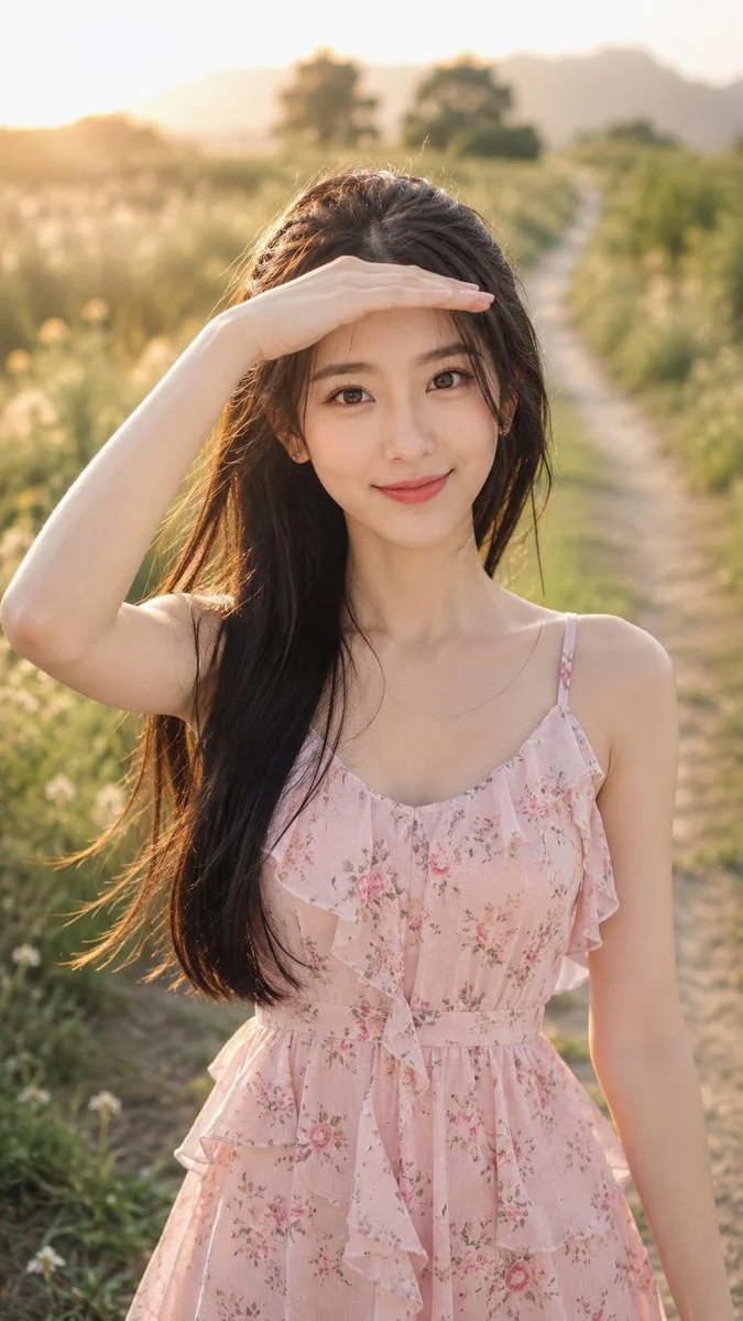 Young woman shields her eyes from golden sunlight in grassy field