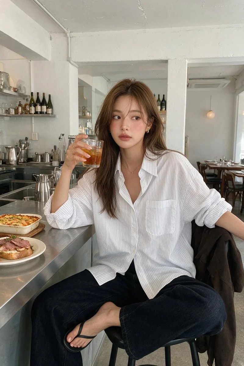 Young Woman Sips Amber Drink at Modern Café Counter in Soft Daylight