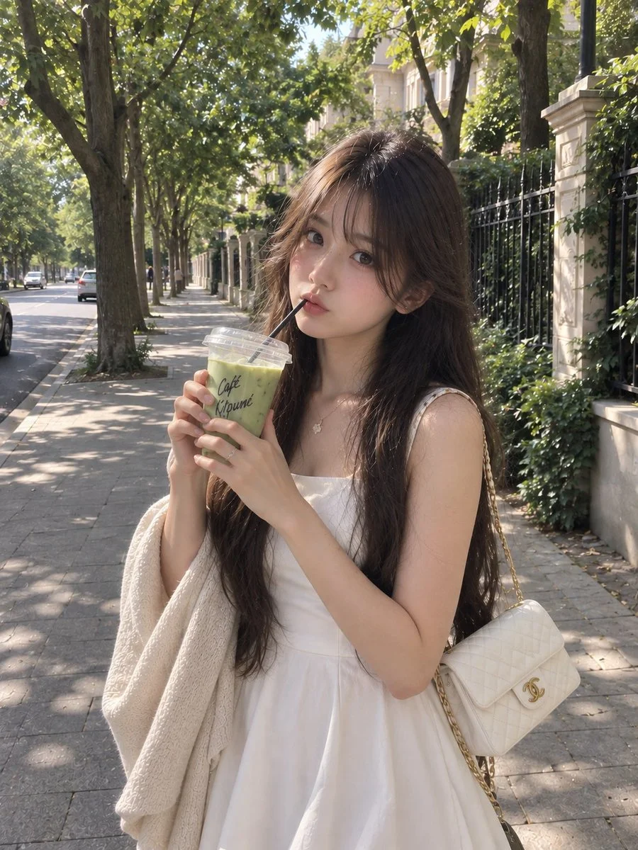 Young Woman Sips Iced Matcha on a Quiet Tree-Lined Street