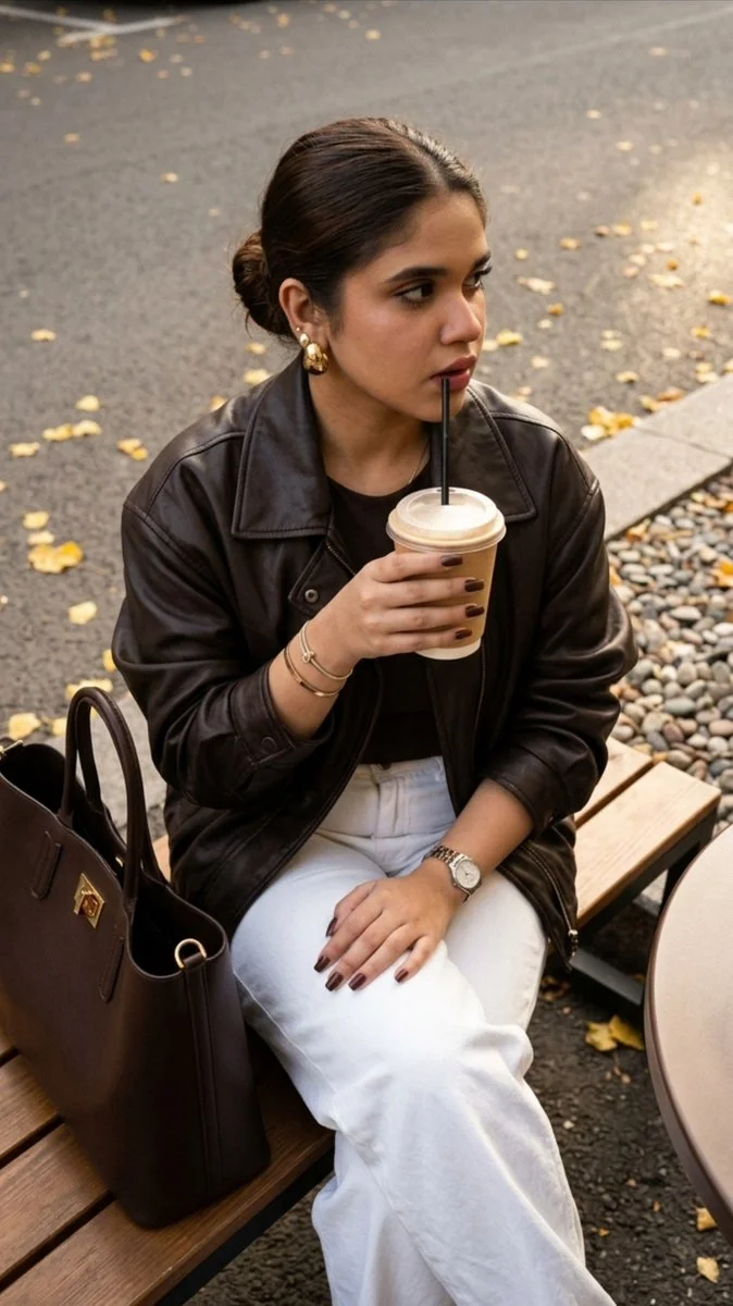Young woman sips latte on bench in autumn street style