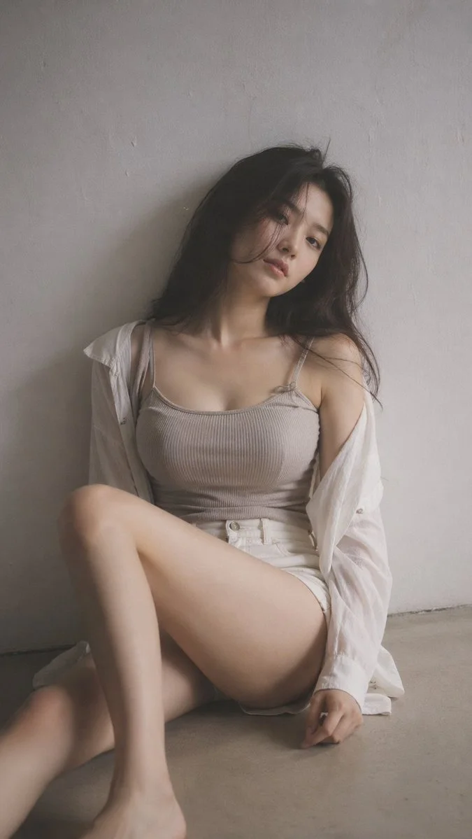 Young woman sits calmly in soft side-lit room with quiet grace