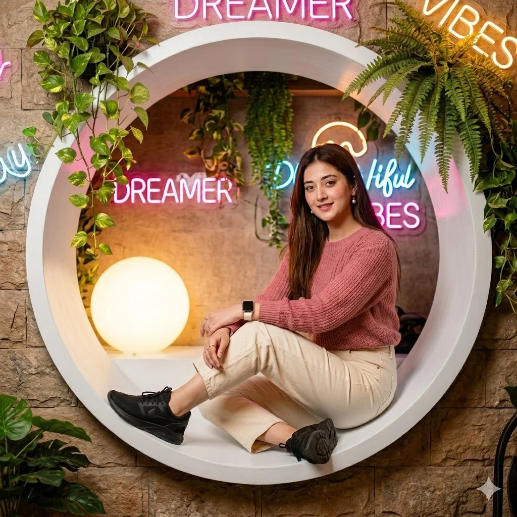 Young woman sits in a wooden nook with neon lights and plants.