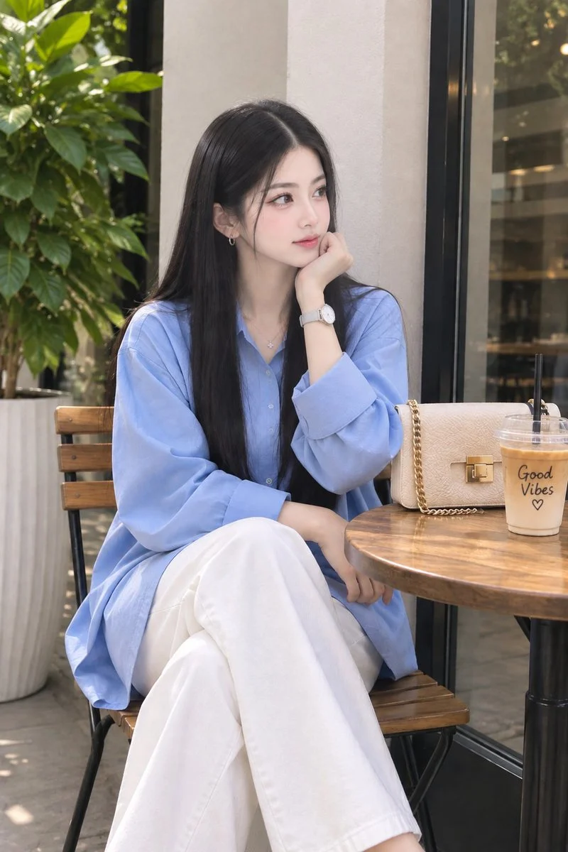 Young woman sits sideways on wooden café chair in soft daylight