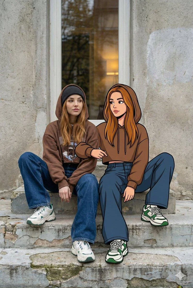 Young woman sits with her cartoon twin on worn urban steps