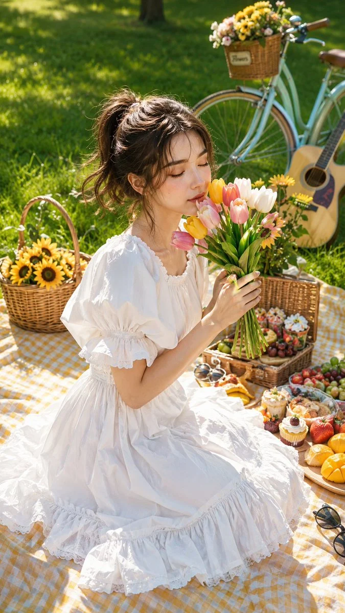 Young woman smells tulips at a sunny picnic in the park.