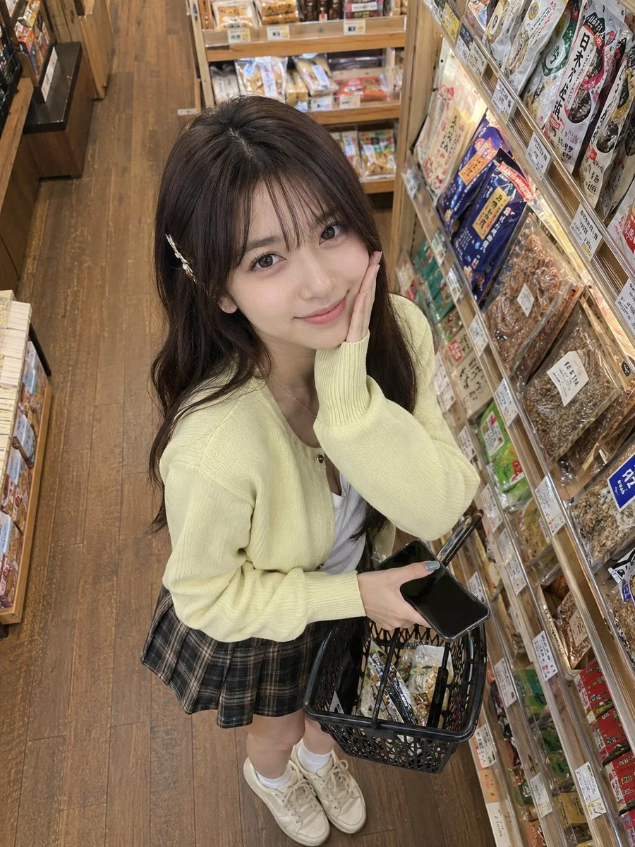 Young woman smiles in cozy grocery aisle holding basket under warm lights