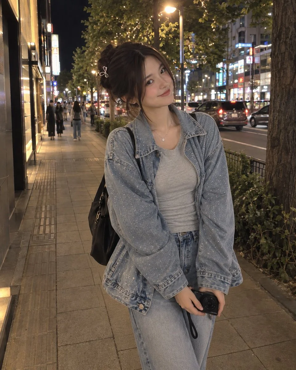 Young Woman Smiles While Holding Compact Camera On Night Street