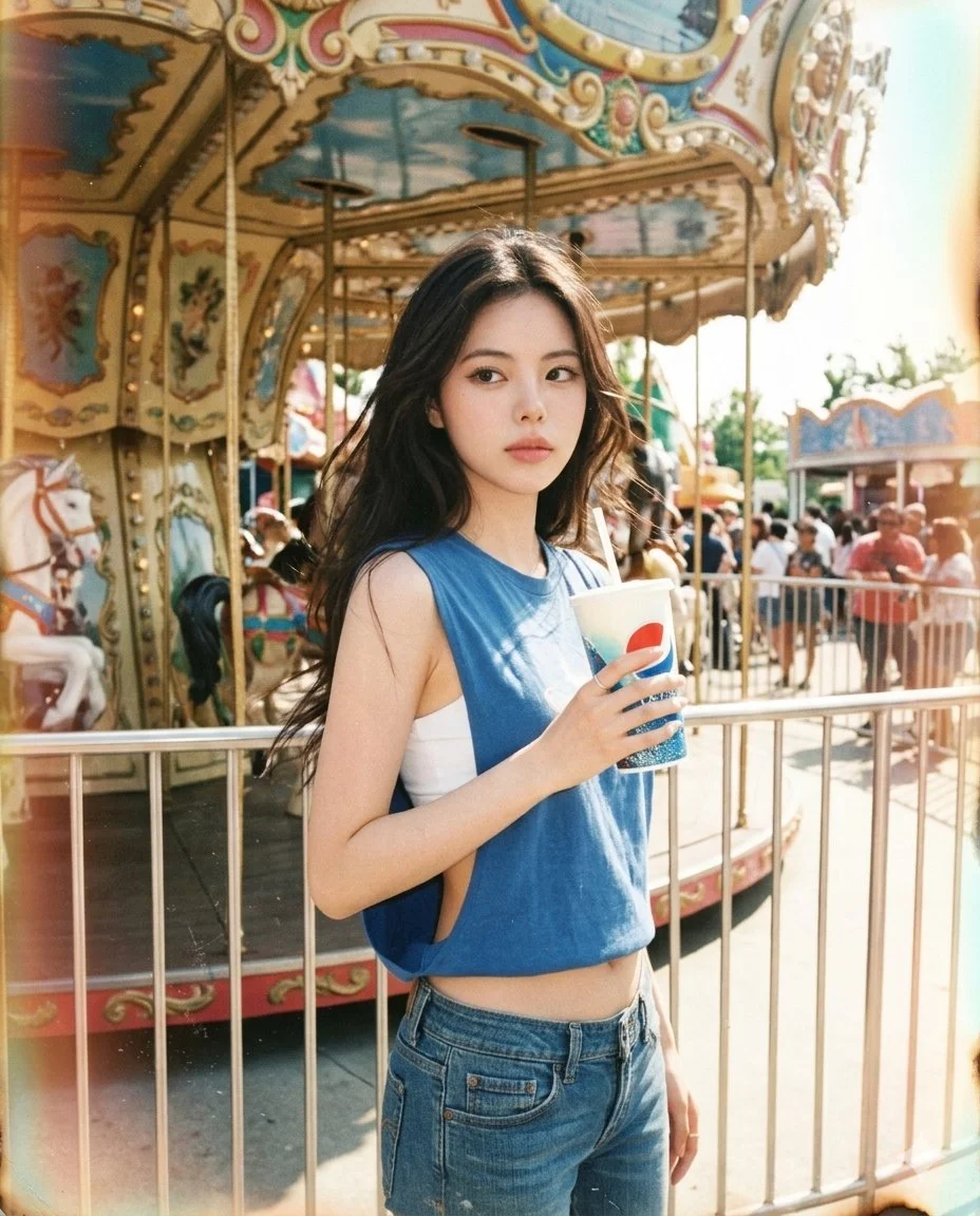 Young woman stands by colorful carousel in faded 90s photograph