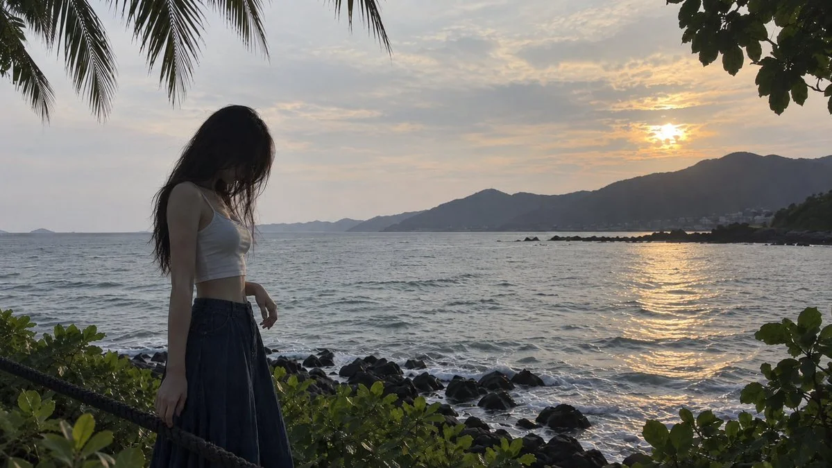 Young woman stands on seaside walkway under dull tropical dusk light