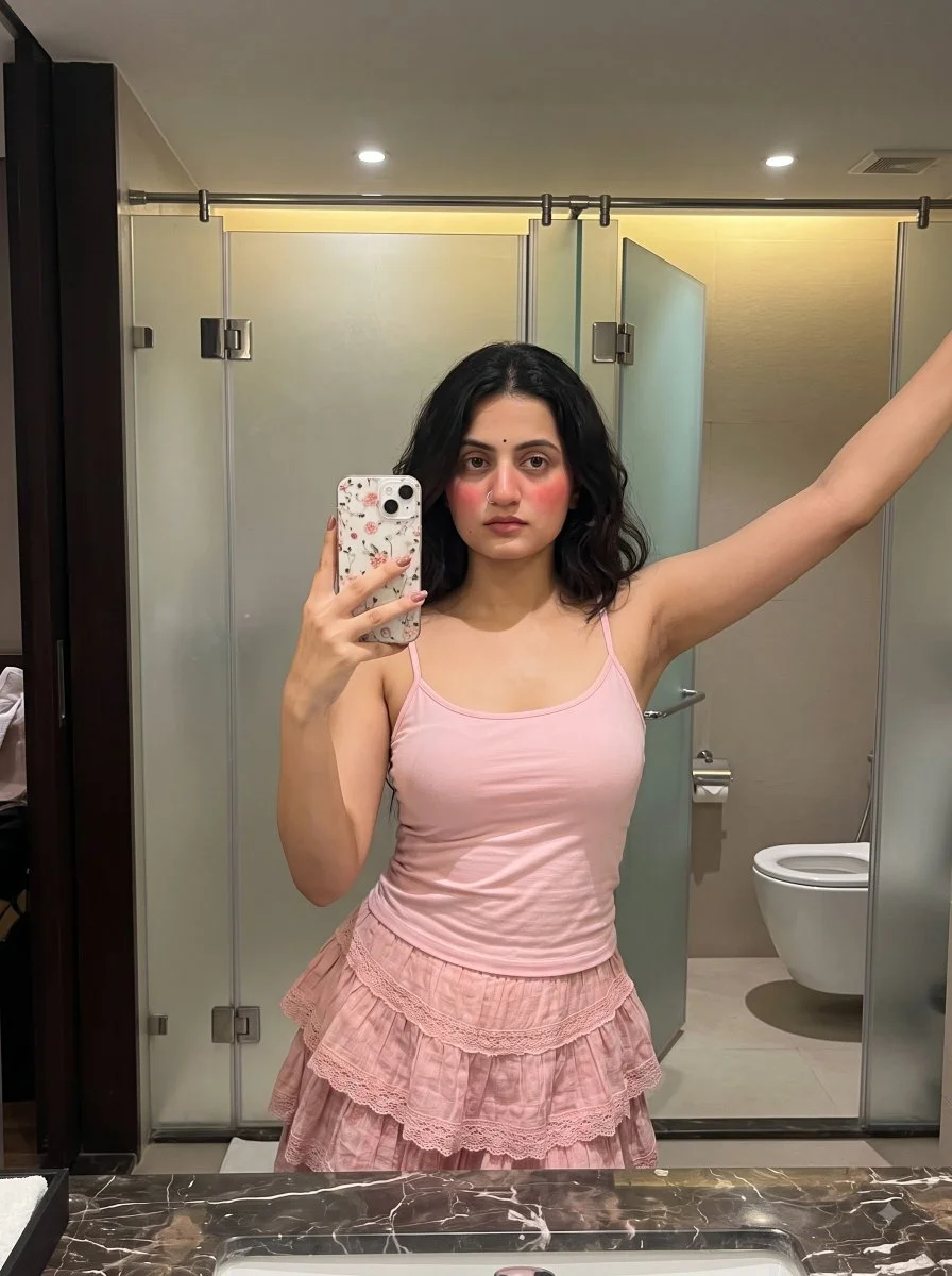 Young woman takes mirror selfie in softly lit bathroom wearing pink.