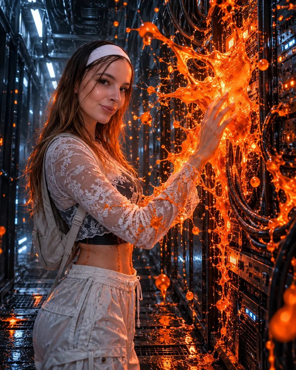 Young Woman Touches Explosive Orange Liquid in Cyberpunk Corridor