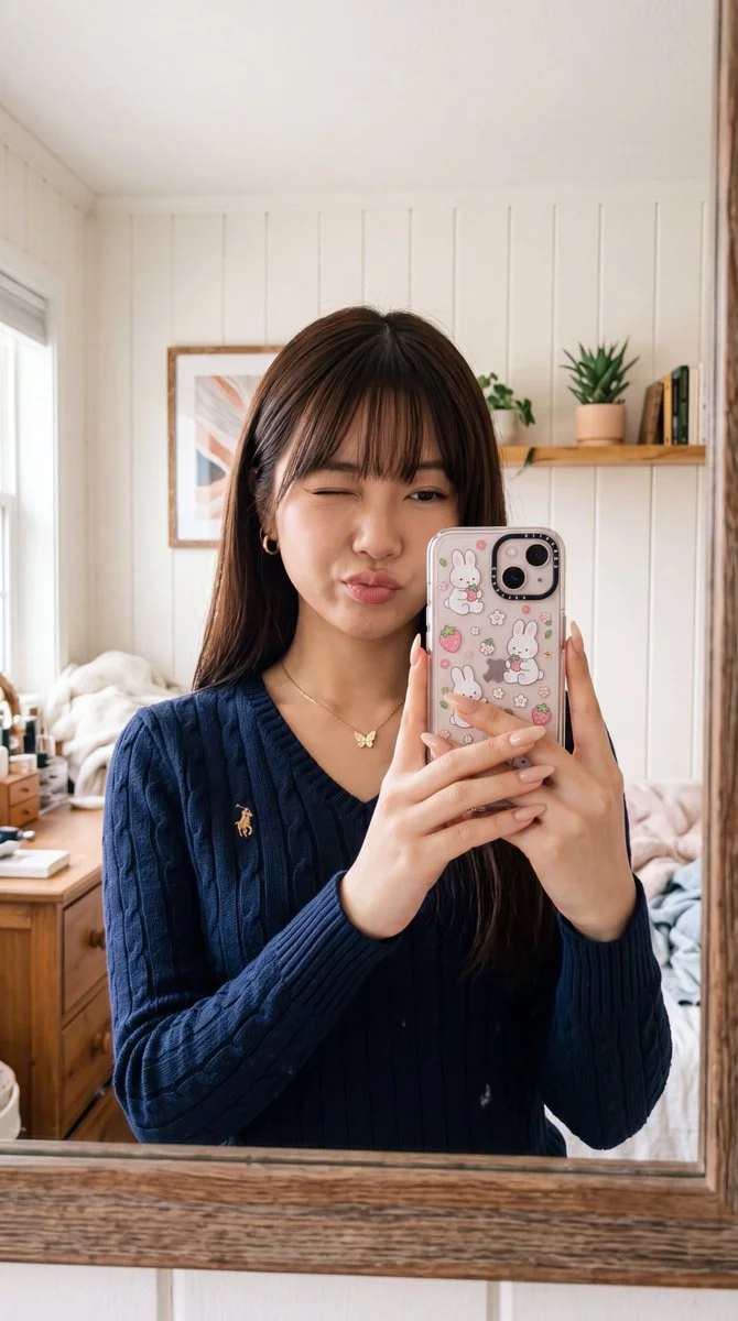Young woman winks in mirror selfie with rabbit phone case