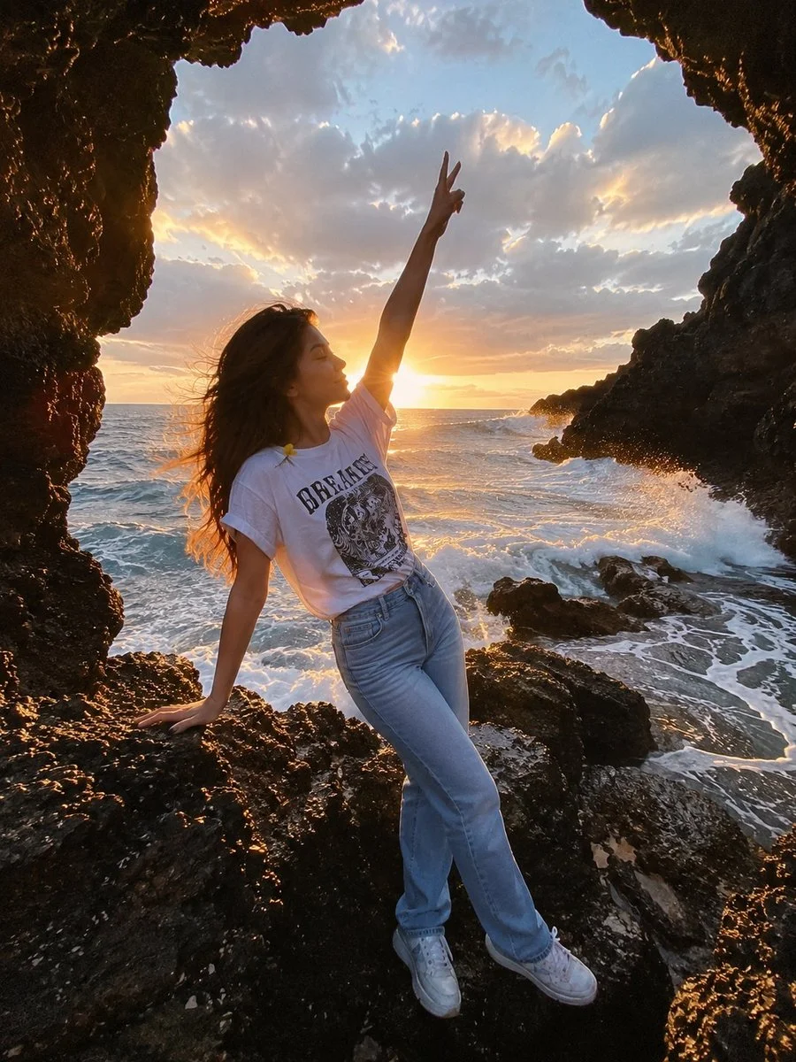 Young woman winks in sea cave as sun sets behind her