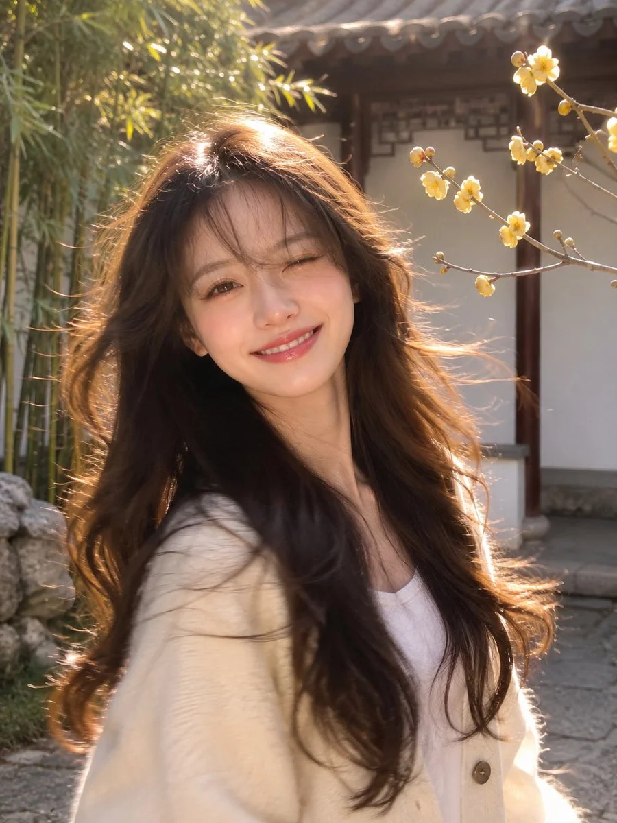 Young woman winks playfully in golden sunlight with flowing hair