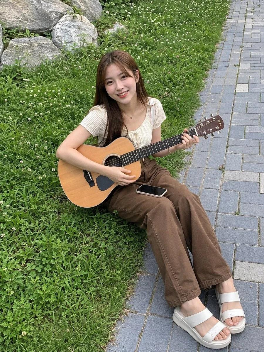 Young woman with acoustic guitar smiles on grassy park walkway