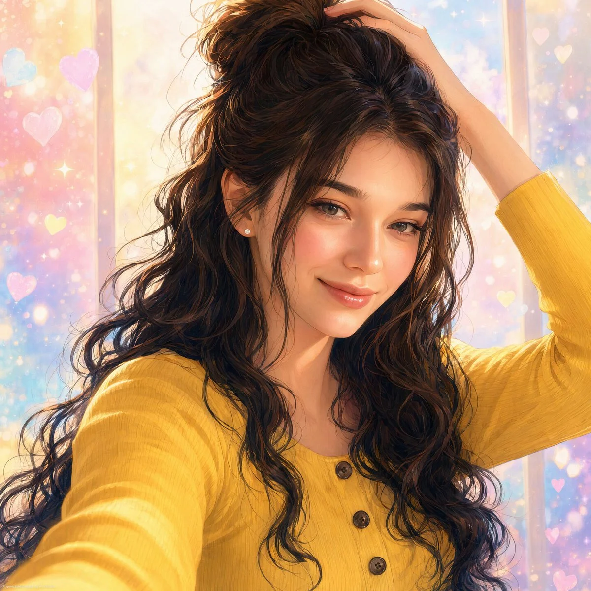 Young woman with curly hair smiles gently in pastel bokeh light