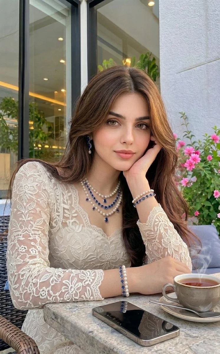 Young woman with flowing brown hair rests at outdoor café