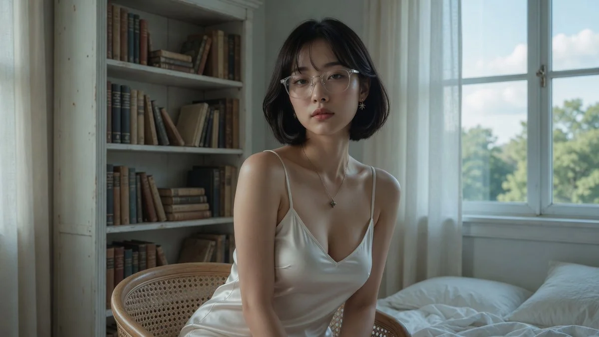 Young woman with glasses sits in white bedroom corner