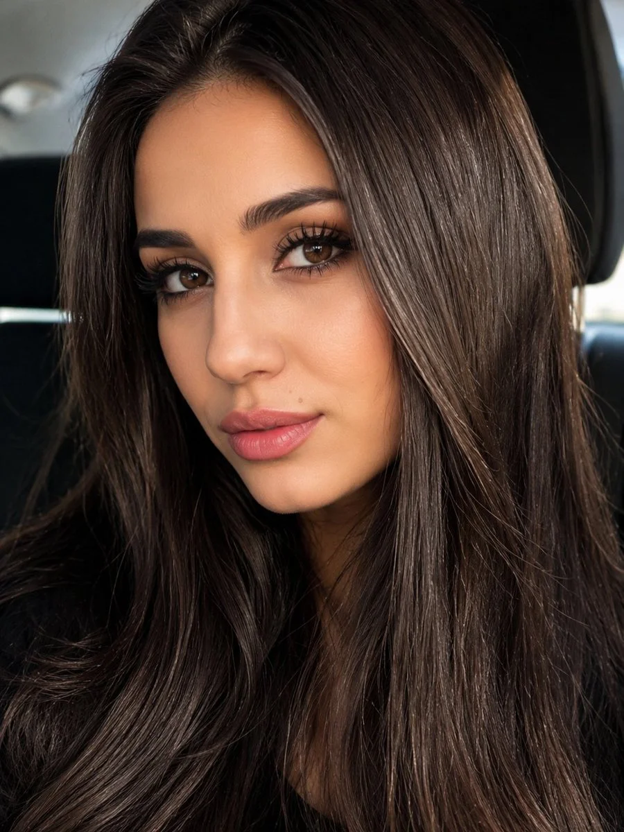 Young woman with glossy dark hair poses confidently in luxury car