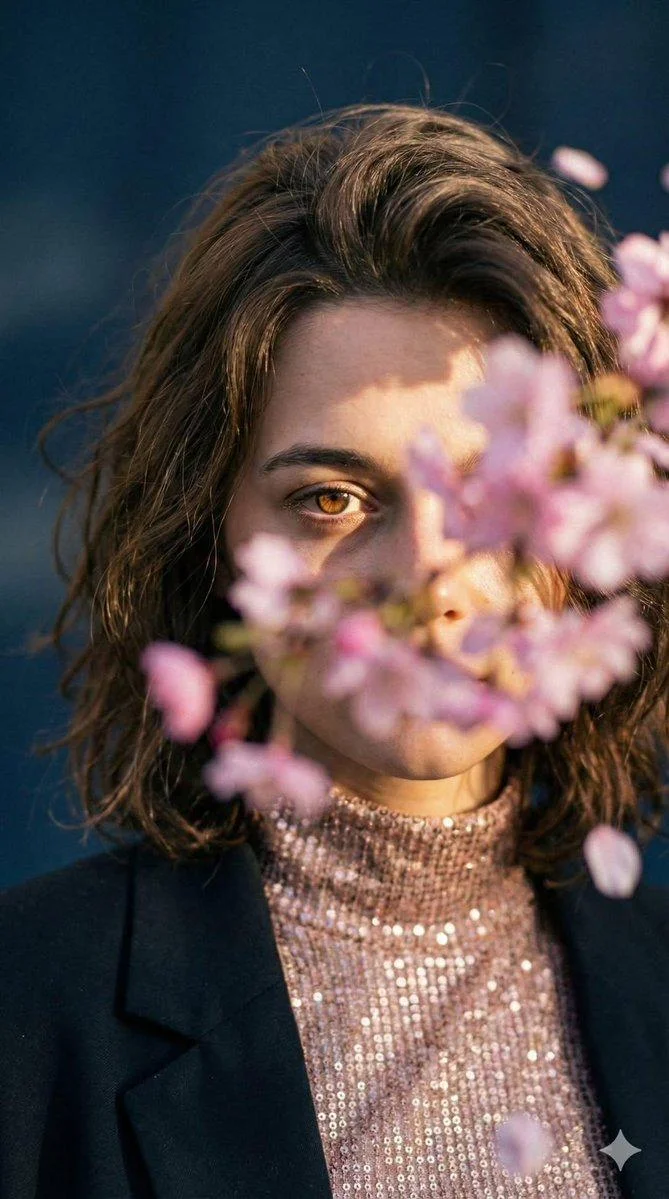 Young woman with green eyes peers through soft pink blossoms in sunlight.