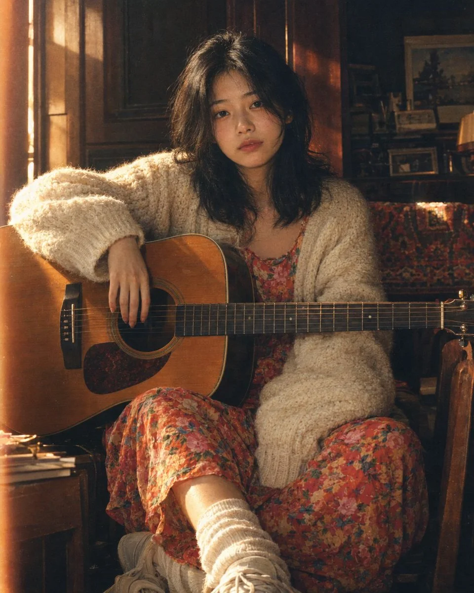 Young Woman with Guitar Sits in Cozy Vintage Room, Warm Film Photograph