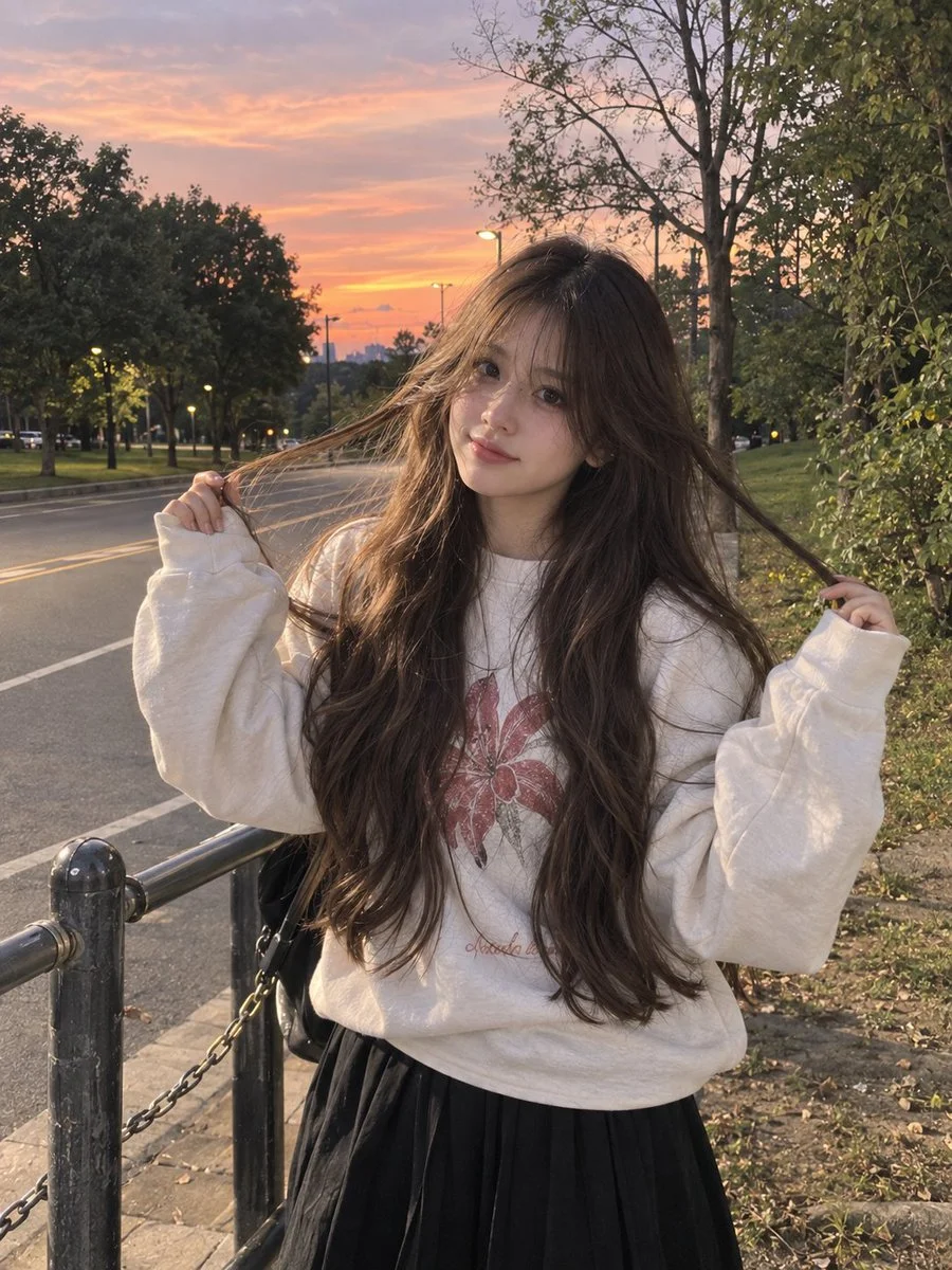Young woman with long wavy hair poses at sunset in park