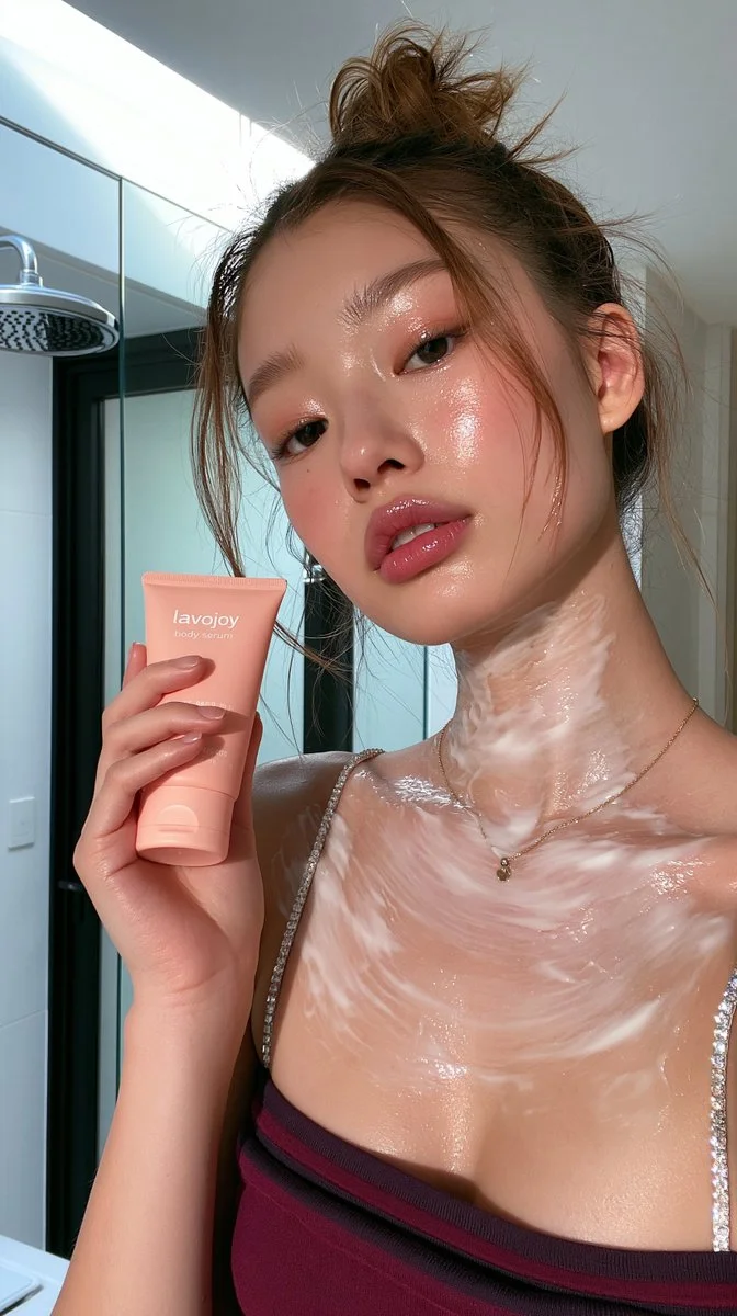 Young woman with messy bun showcases skincare routine in bathroom selfie