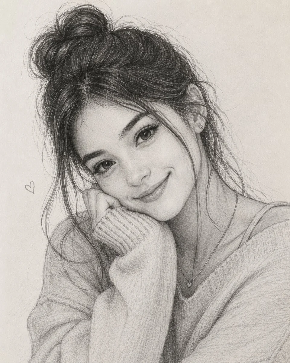 Young woman with messy bun smiles gently in a pencil sketch