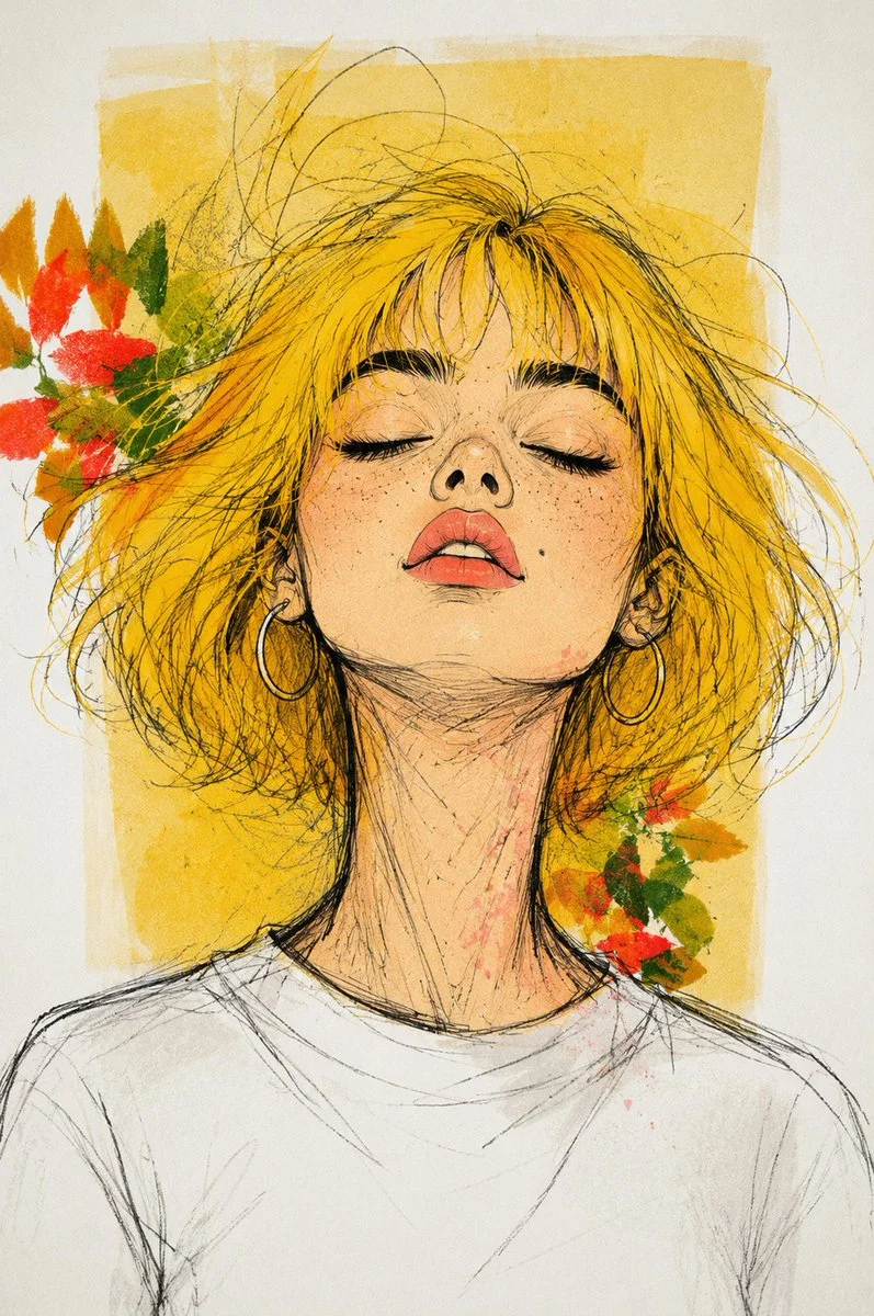 Young woman with messy yellow hair dreams in scribbled pencil strokes