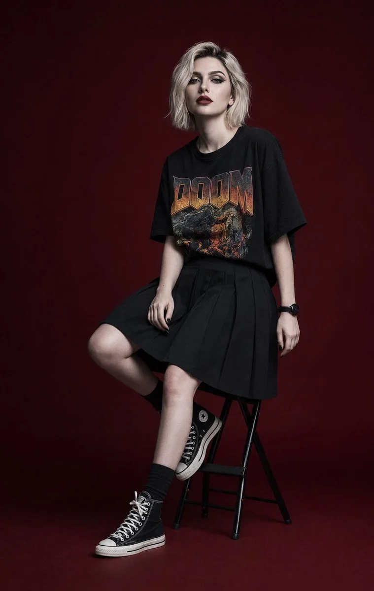 Young woman with platinum bob sits in dark editorial studio