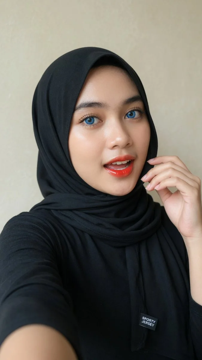 Young woman with striking blue eyes and red lips smiles gently