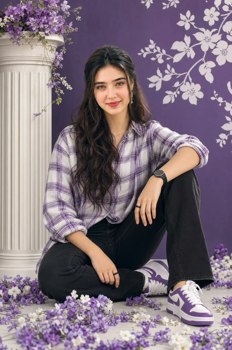 Young woman with voluminous dark hair sits in relaxed pose
