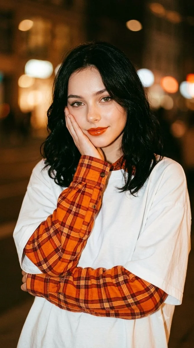 Young woman with wavy black hair smiles softly in warm amber glow