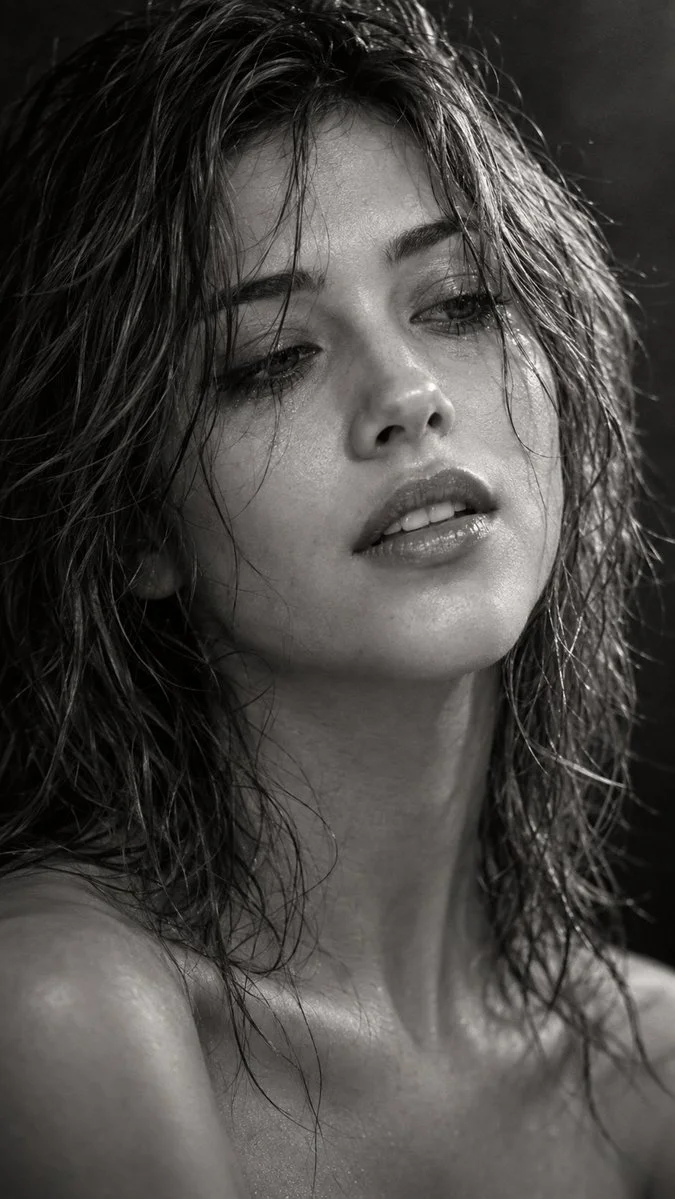 Young woman with wet hair caught in raw emotional monochrome portrait